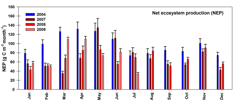 Fig. 2. Monthly net ecosystem production (NEP) during 2004 and 2007