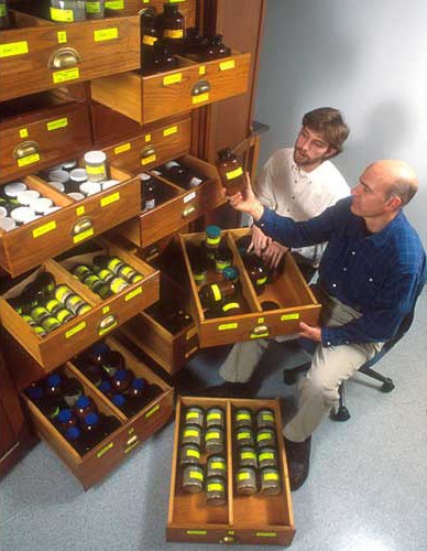 Drs. Dan Richter, r, and Michael Hofmockel, l, examine the Calhoun Soil Archive