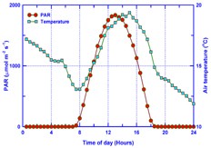 Figure 5. Time series for air temperature ([]) and photosynthetically active irr