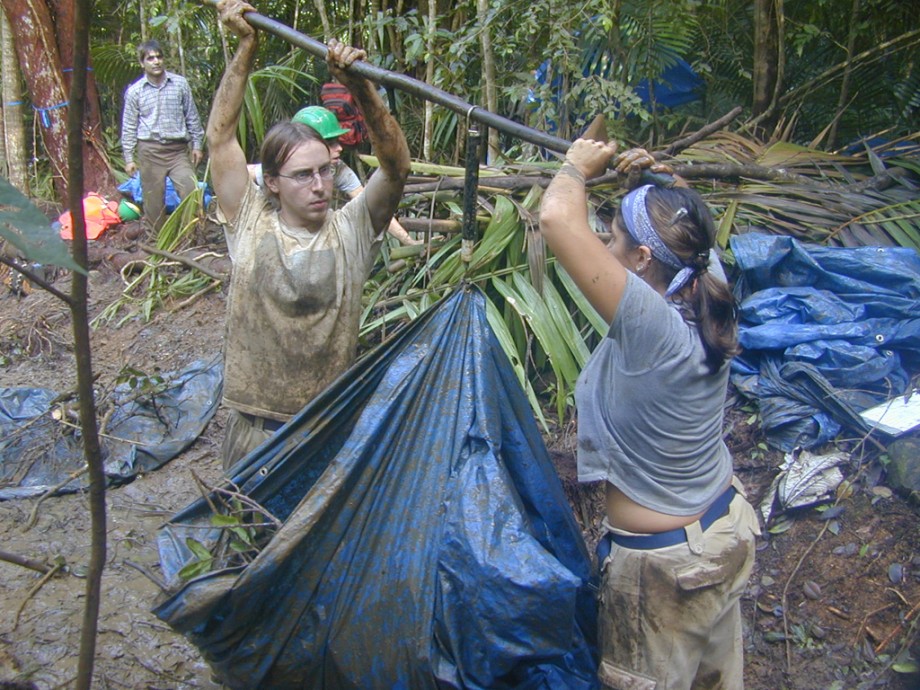 Student researchers weighing debris from forest canopy trimmed plots