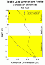 Toolik Lake Ammonium Profile Comparison of methods July 1998